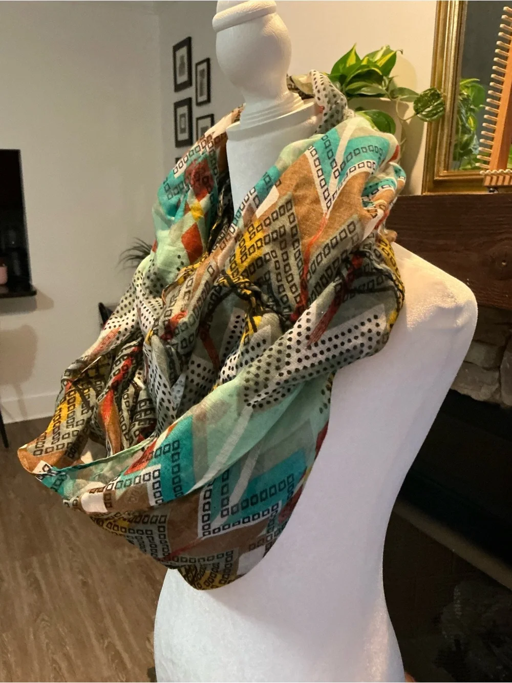 Multicolor Geometric Infinity Scarf - Turquoise, Brown & Yellow